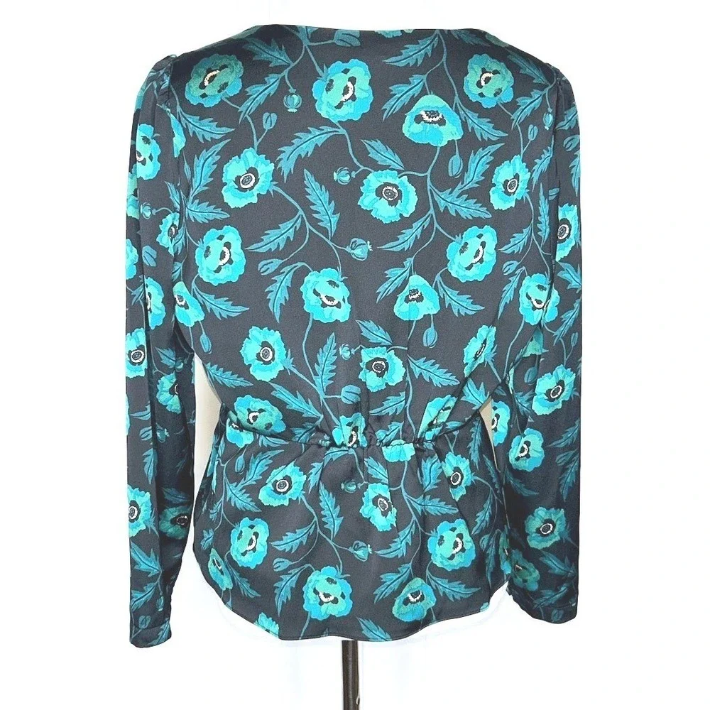 J. Crew Womens Teal Black Floral Poppy Satin Peplum V-Neck Button Blouse Size 10